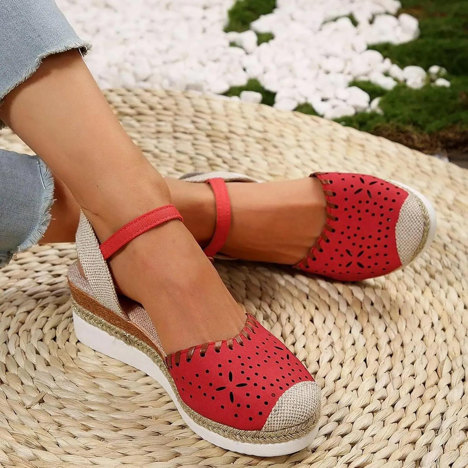 Women's Closed Toe Elastic Ankle Strap Espadrilles Wedge Sandals Orthopedic Comfortable Summer Dress Hollow Out Arch Wedge Platform Sandal Slip on Casual Beach Outdoor Wedding Espadrilles Footwear