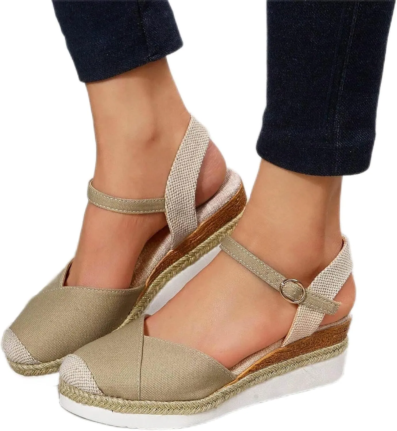 Women's Closed Toe Elastic Ankle Strap Espadrilles Wedge Sandals Summer Espadrilles Orthopedic Platform Buckle Ankle Strap Sandal Casual Flat Strappy Slip on Comfortable Beach Boho Outdoor Cool Shoes