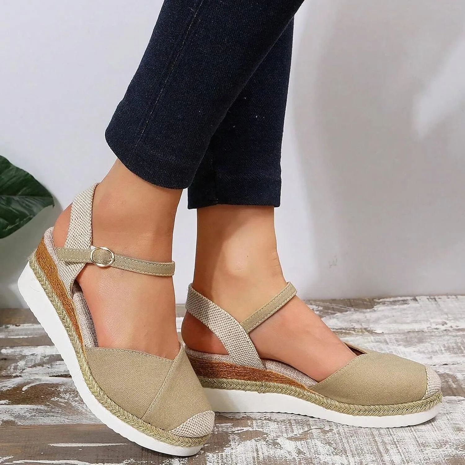 Women's Closed Toe Elastic Ankle Strap Espadrilles Wedge Sandals Summer Espadrilles Orthopedic Platform Buckle Ankle Strap Sandal Casual Flat Strappy Slip on Comfortable Beach Boho Outdoor Cool Shoes