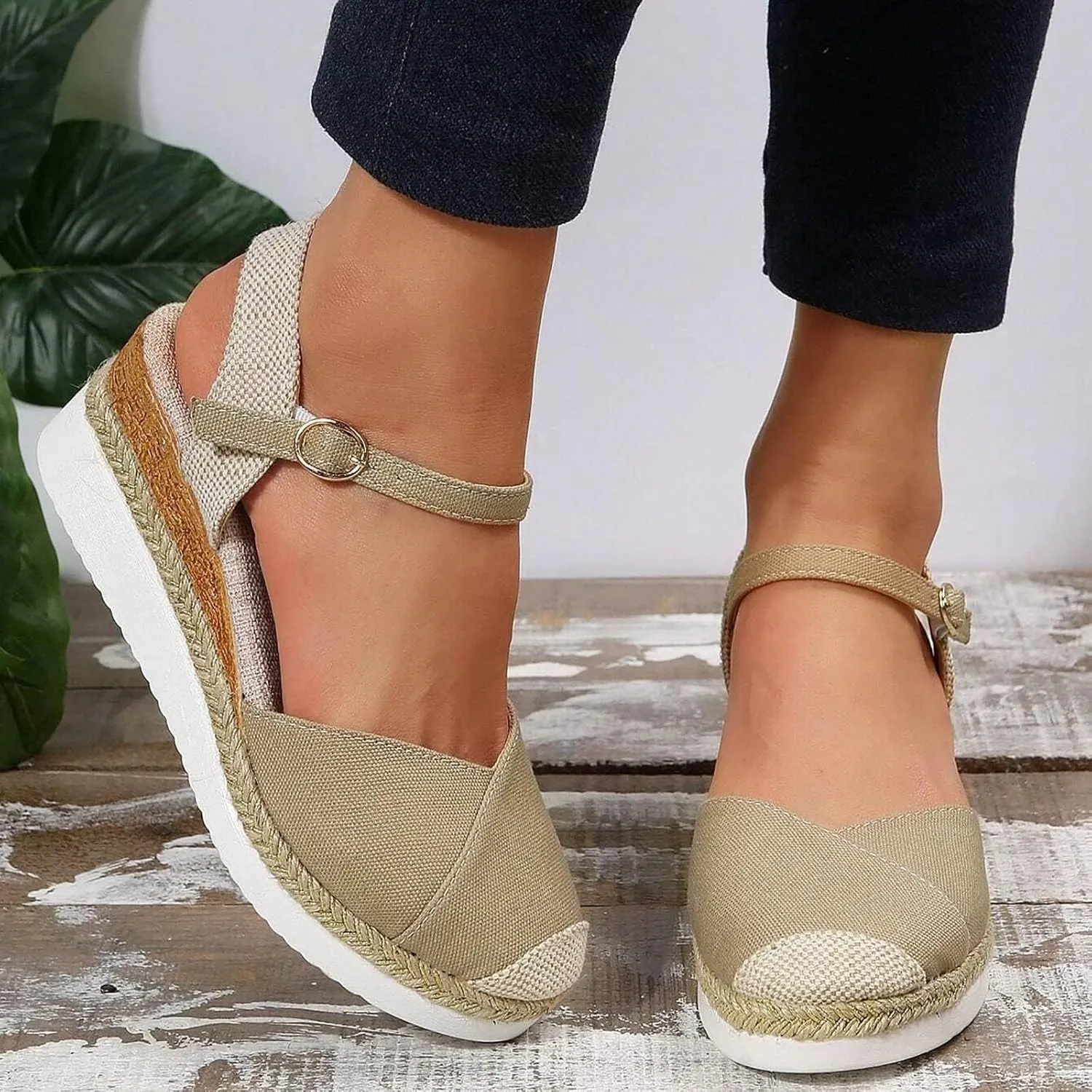 Women's Closed Toe Elastic Ankle Strap Espadrilles Wedge Sandals Summer Espadrilles Orthopedic Platform Buckle Ankle Strap Sandal Casual Flat Strappy Slip on Comfortable Beach Boho Outdoor Cool Shoes