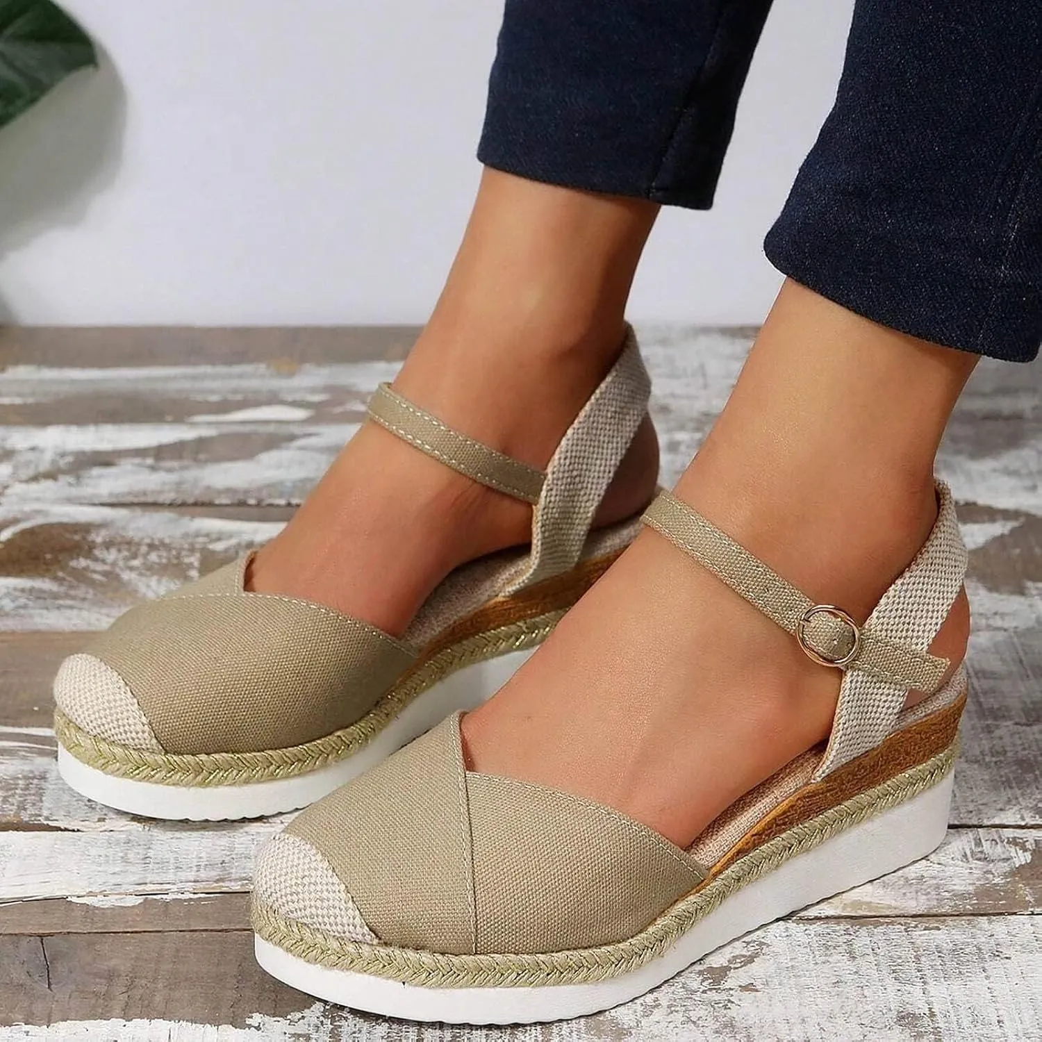 Women's Closed Toe Elastic Ankle Strap Espadrilles Wedge Sandals Summer Espadrilles Orthopedic Platform Buckle Ankle Strap Sandal Casual Flat Strappy Slip on Comfortable Beach Boho Outdoor Cool Shoes