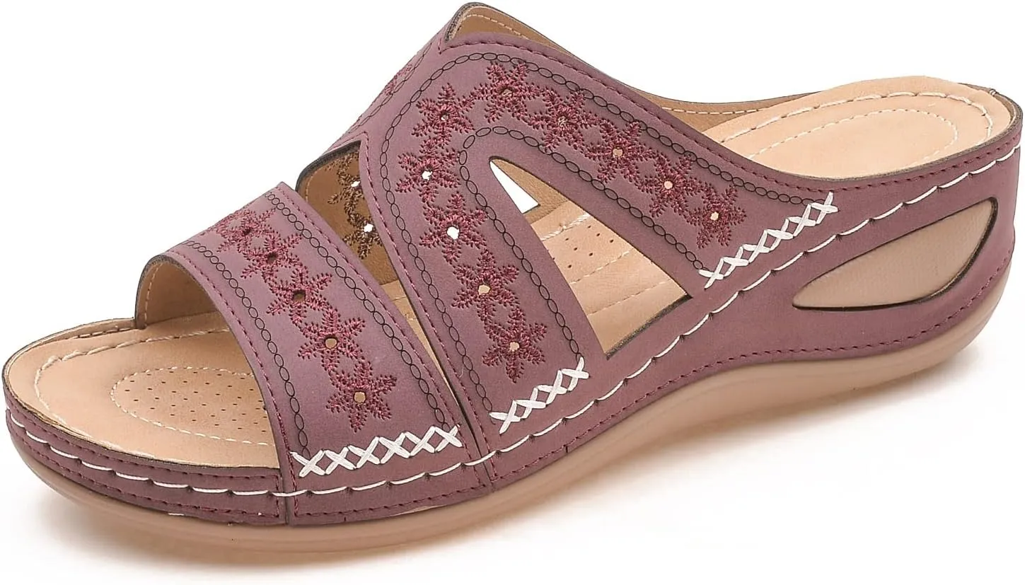Womens Comfortable Orthopedic Wedge Open Toe Sandals Slip On Wide Width Sandals for Women Arch Support Slides Lightweight Breathable Walking Slippers Hollow Out Slip On Platform Wedge Sandal