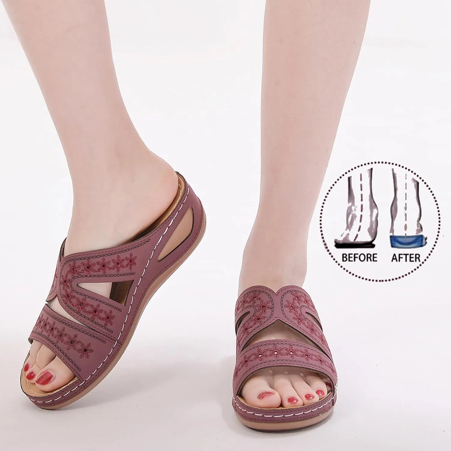 Womens Comfortable Orthopedic Wedge Open Toe Sandals Slip On Wide Width Sandals for Women Arch Support Slides Lightweight Breathable Walking Slippers Hollow Out Slip On Platform Wedge Sandal