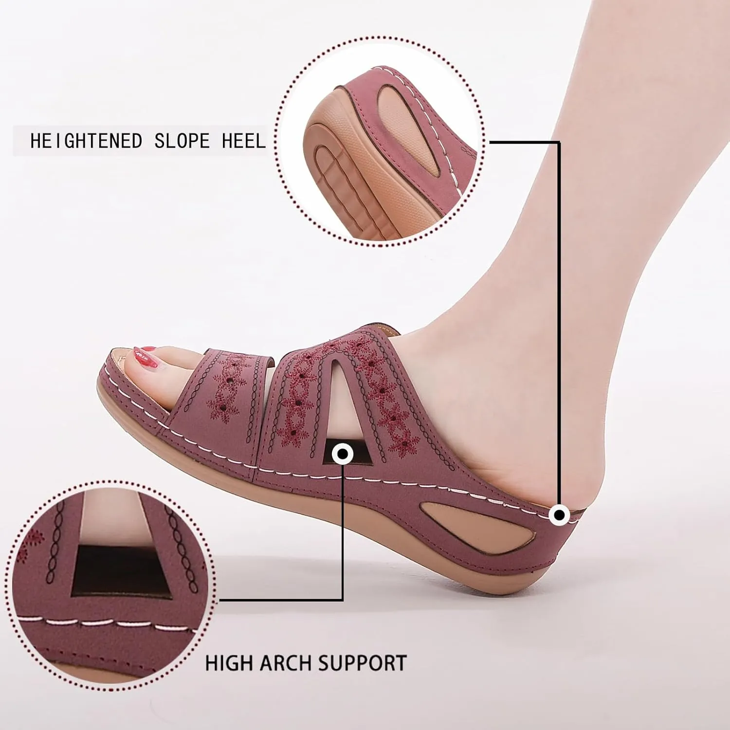 Womens Comfortable Orthopedic Wedge Open Toe Sandals Slip On Wide Width Sandals for Women Arch Support Slides Lightweight Breathable Walking Slippers Hollow Out Slip On Platform Wedge Sandal