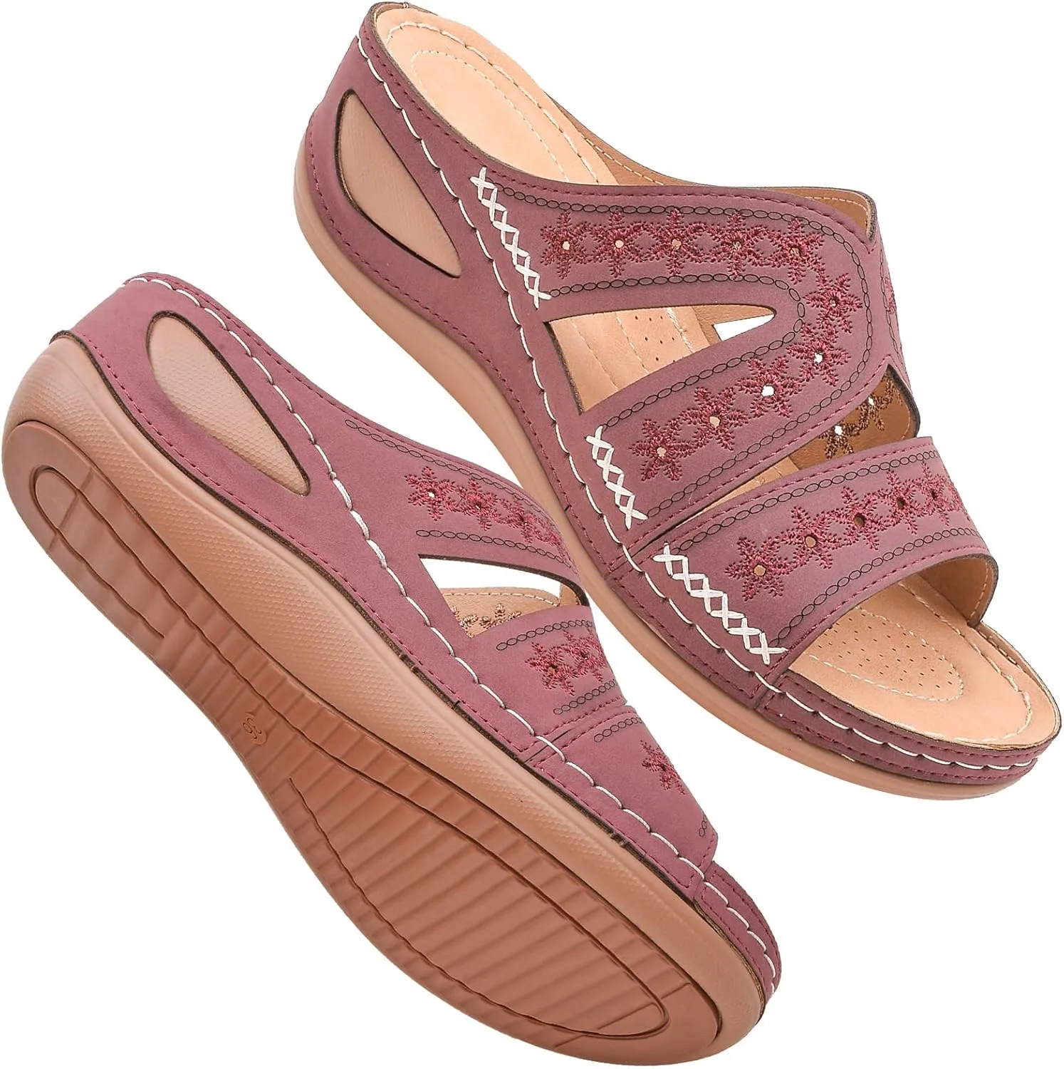 Womens Comfortable Orthopedic Wedge Open Toe Sandals Slip On Wide Width Sandals for Women Arch Support Slides Lightweight Breathable Walking Slippers Hollow Out Slip On Platform Wedge Sandal