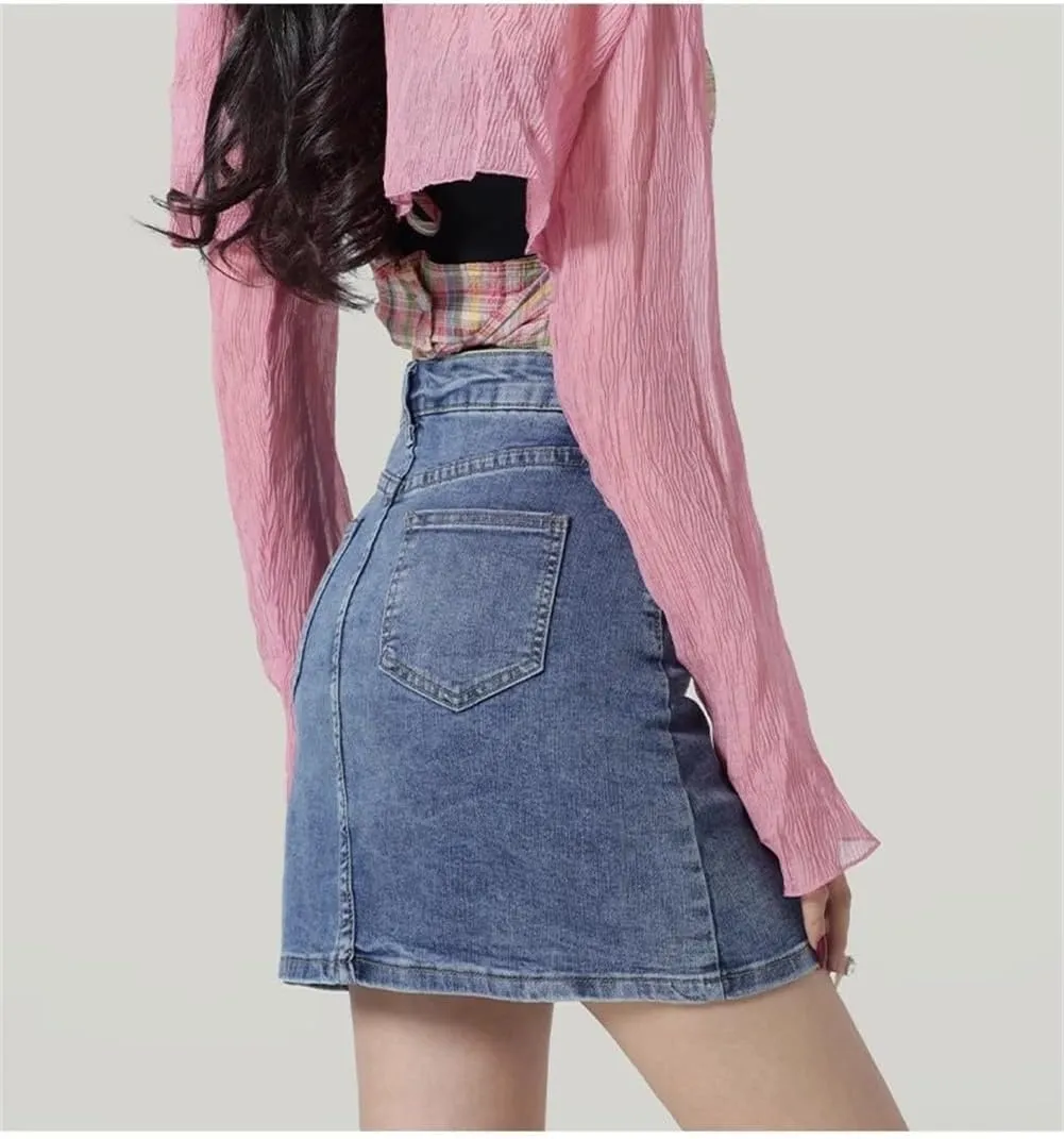 Womens Denim Mini Trendy High Waisted Jean Skirts, Side Slit with Casual Stretch Slim Fit Mini Jean Skirts