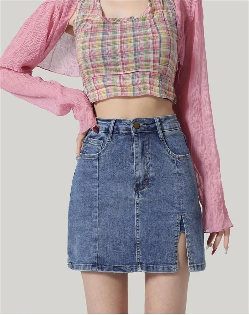 Womens Denim Mini Trendy High Waisted Jean Skirts, Side Slit with Casual Stretch Slim Fit Mini Jean Skirts