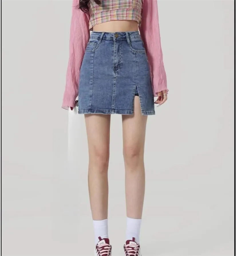 Womens Denim Mini Trendy High Waisted Jean Skirts, Side Slit with Casual Stretch Slim Fit Mini Jean Skirts