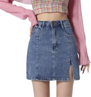 Womens Denim Mini Trendy High Waisted Jean Skirts, Side Slit with Casual Stretch Slim Fit Mini Jean Skirts
