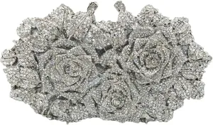 Womens Elegant Rose Gold Clutch Purse Sparkling Rhinestone Evening Bag with Chain Metal Floral Wedding Party Handbags