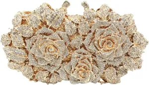 Womens Elegant Rose Gold Clutch Purse Sparkling Rhinestone Evening Bag with Chain Metal Floral Wedding Party Handbags