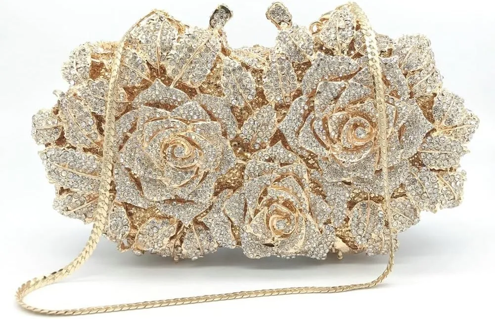Womens Elegant Rose Gold Clutch Purse Sparkling Rhinestone Evening Bag with Chain Metal Floral Wedding Party Handbags