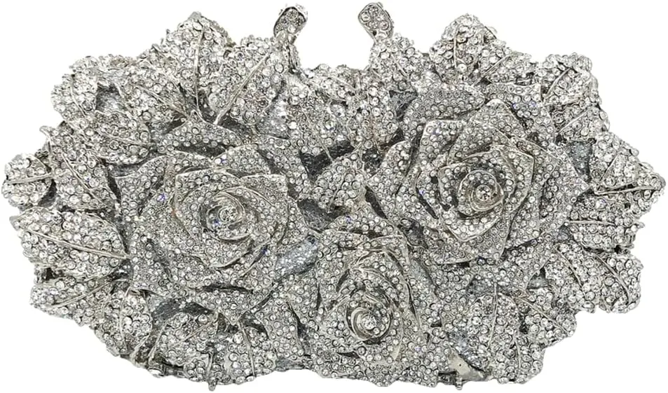 Womens Elegant Rose Gold Clutch Purse Sparkling Rhinestone Evening Bag with Chain Metal Floral Wedding Party Handbags