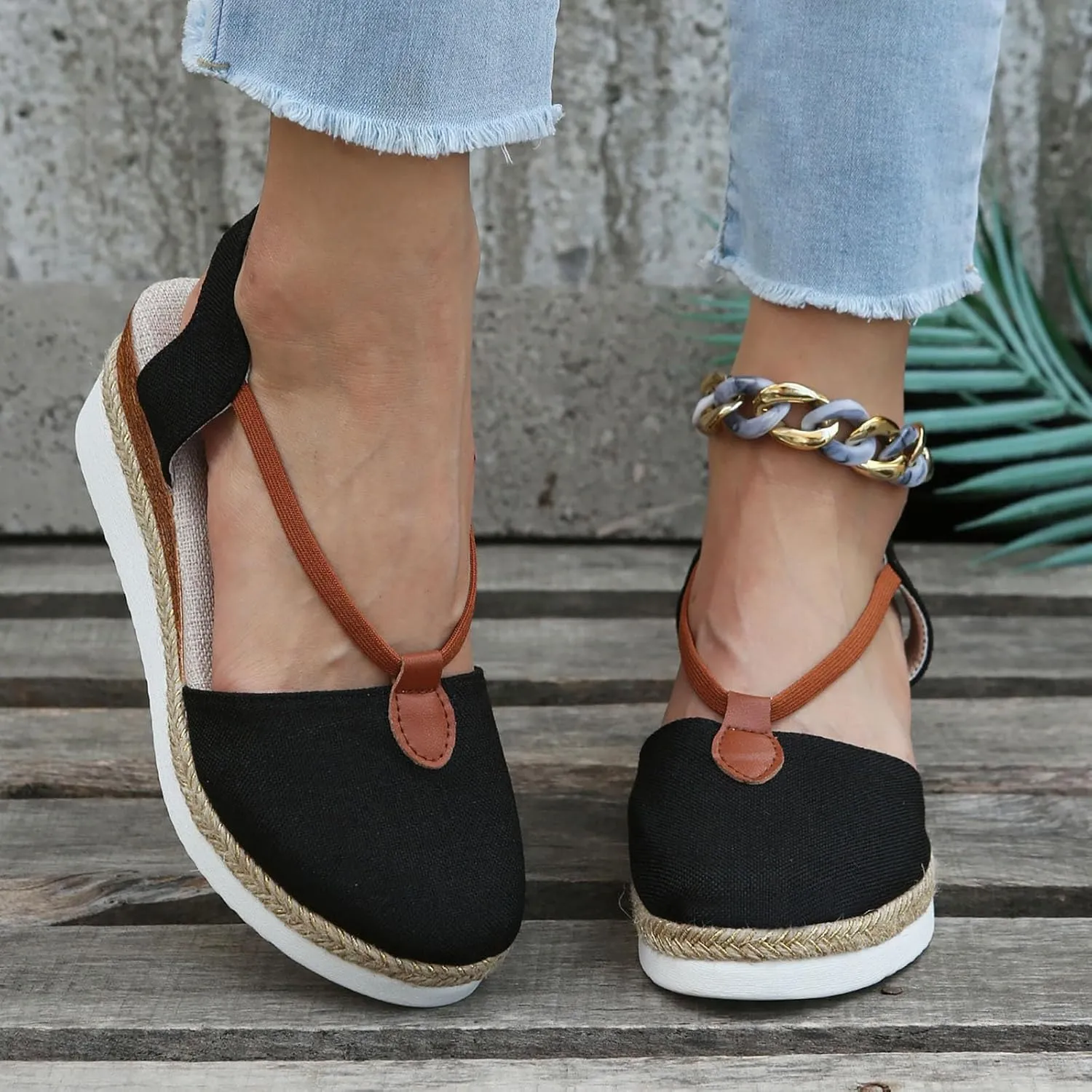 Women's Espadrille Canvas Low Wedges Sandals with Ankle Strap Breathable Close Toe Platform Sandals Dressy Slip On Beach Shoes
