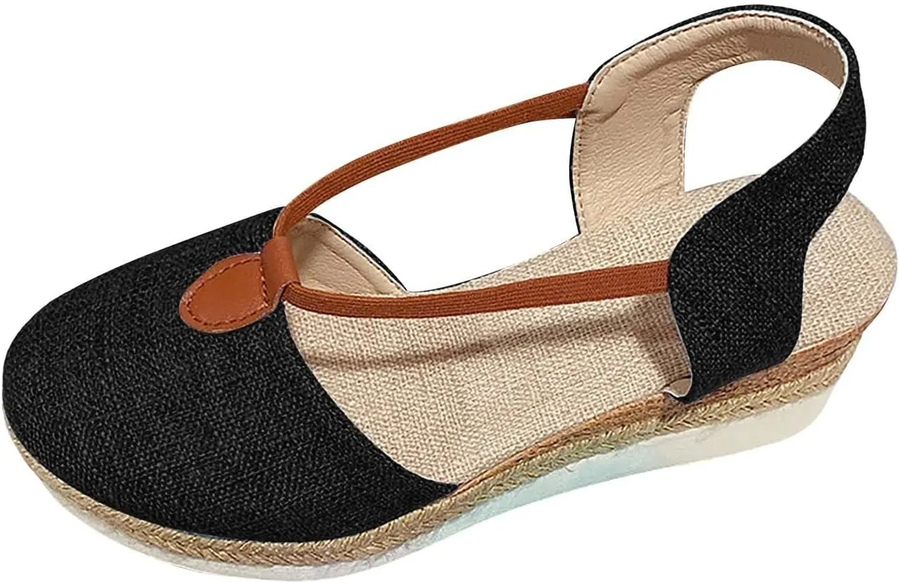 Women's Espadrille Canvas Low Wedges Sandals with Ankle Strap Breathable Close Toe Platform Sandals Dressy Slip On Beach Shoes