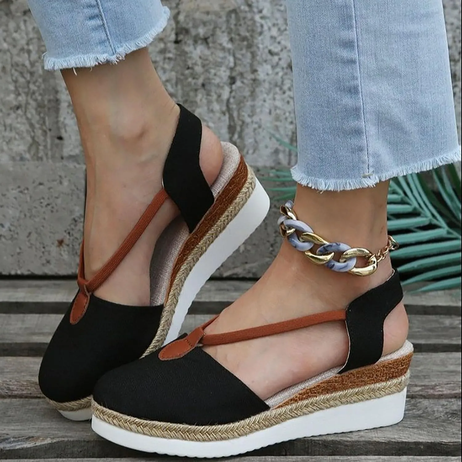 Women's Espadrille Canvas Low Wedges Sandals with Ankle Strap Breathable Close Toe Platform Sandals Dressy Slip On Beach Shoes