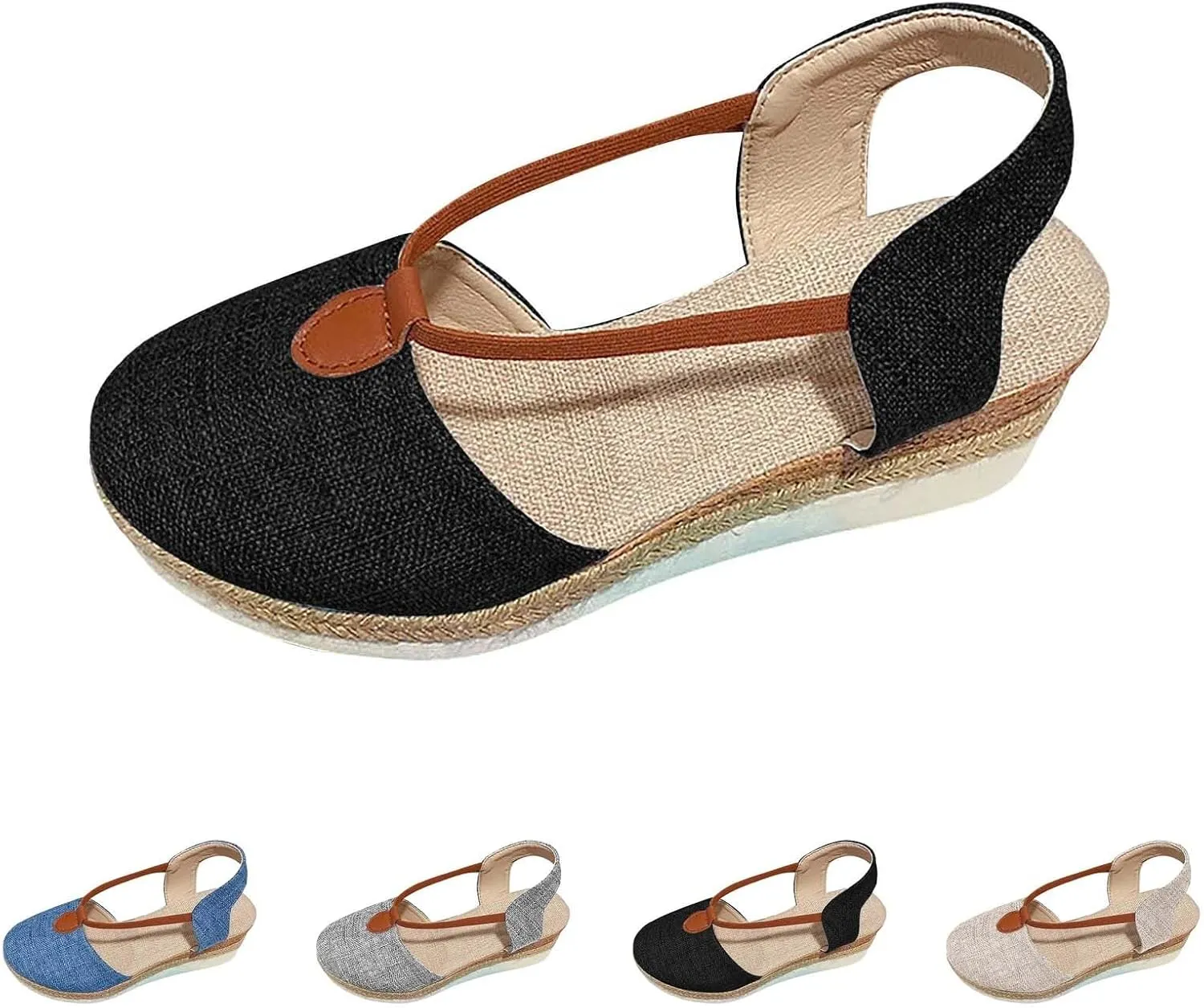 Women's Espadrille Canvas Low Wedges Sandals with Ankle Strap Breathable Close Toe Platform Sandals Dressy Slip On Beach Shoes