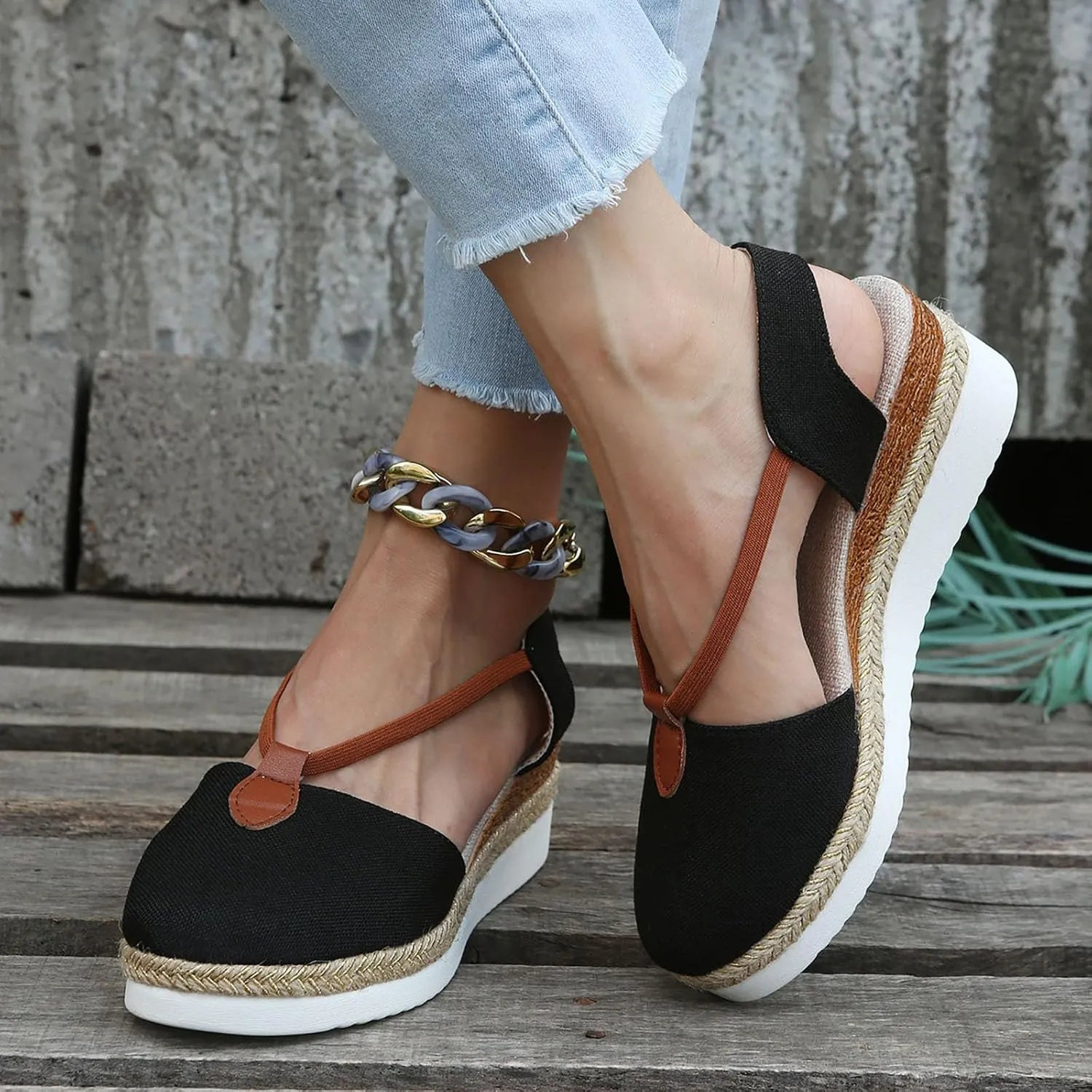 Women's Espadrille Canvas Low Wedges Sandals with Ankle Strap Breathable Close Toe Platform Sandals Dressy Slip On Beach Shoes