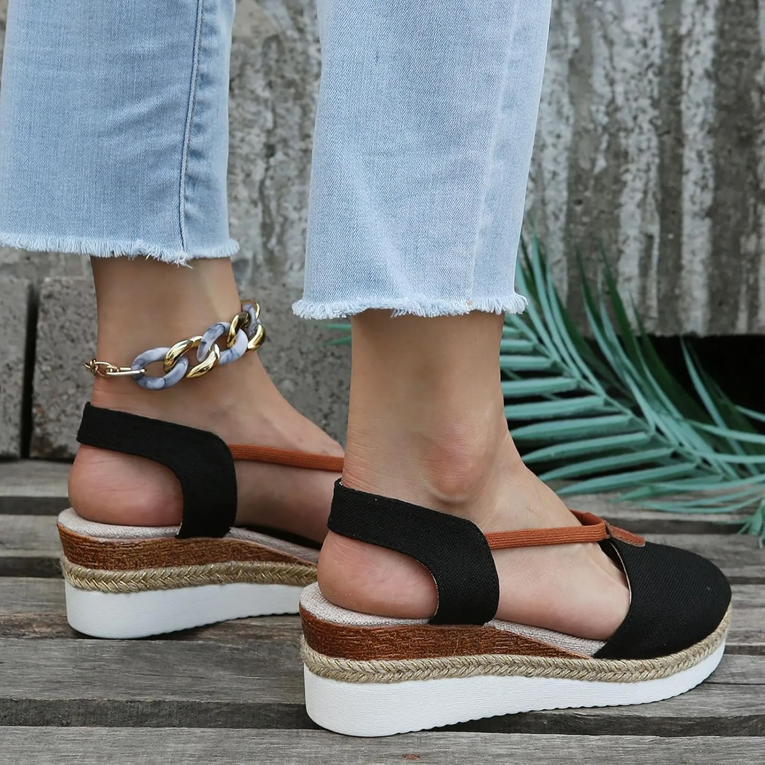 Women's Espadrille Canvas Low Wedges Sandals with Ankle Strap Breathable Close Toe Platform Sandals Dressy Slip On Beach Shoes