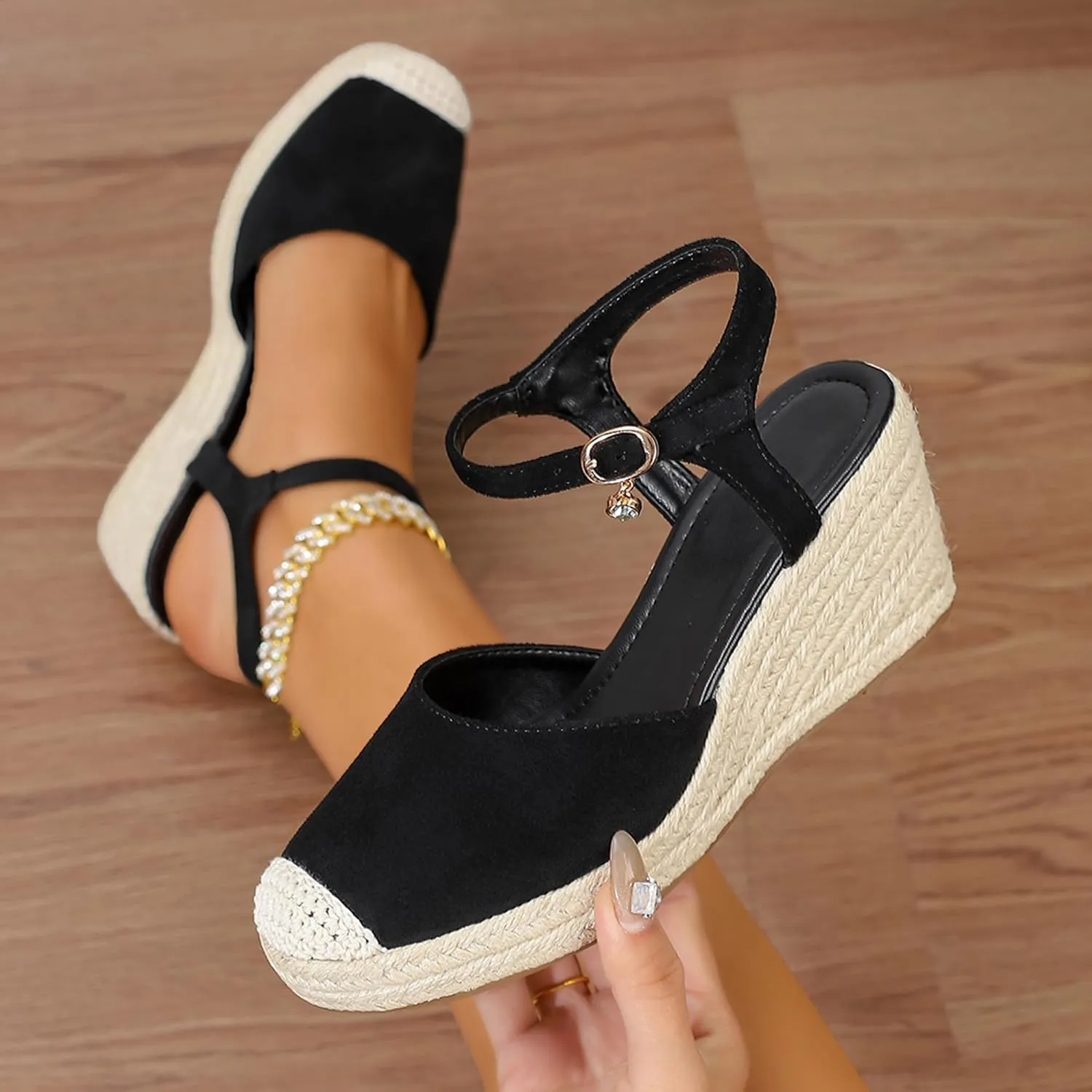 Womens Espadrilles Sandals, Closed Toe Platform for Women Ankle Strap Casual Comfortable Wedge Sandals