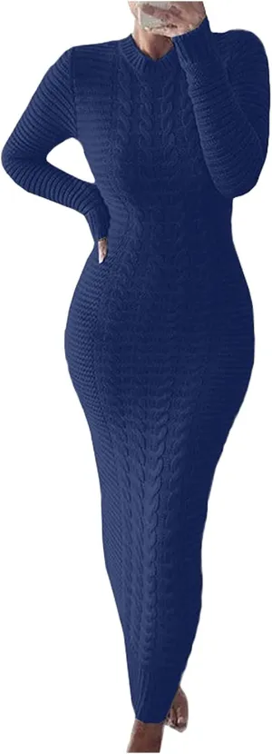 Women's Fall Winter Casual Trendy Crew Neck Long Sleeve Bodycon Knit Sweater Dress Plus Size, S-3XL