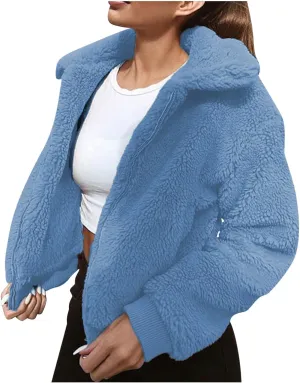 Women's Fashion Winter Warm Plush Coats Fleece Zipper Jackets Sweater Solid Color Long Sleeve Outerwear