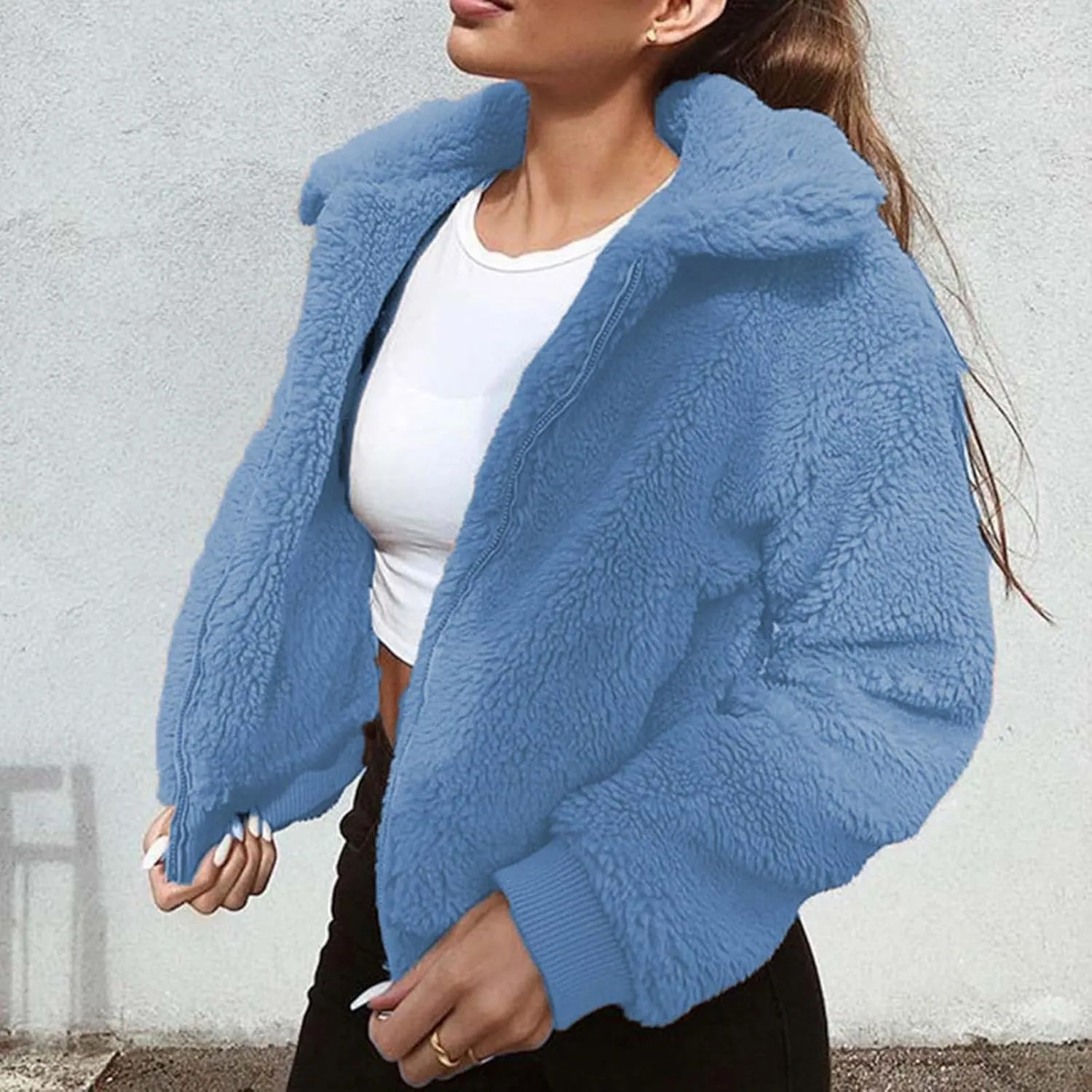 Women's Fashion Winter Warm Plush Coats Fleece Zipper Jackets Sweater Solid Color Long Sleeve Outerwear