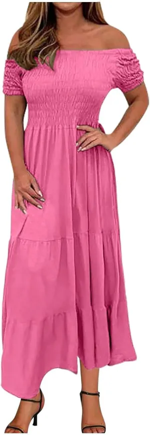 Women's Floral A Line Summer Casual Beach Vacation Long Dress Casual Boho Off Shoulder Floral Print Long Dress