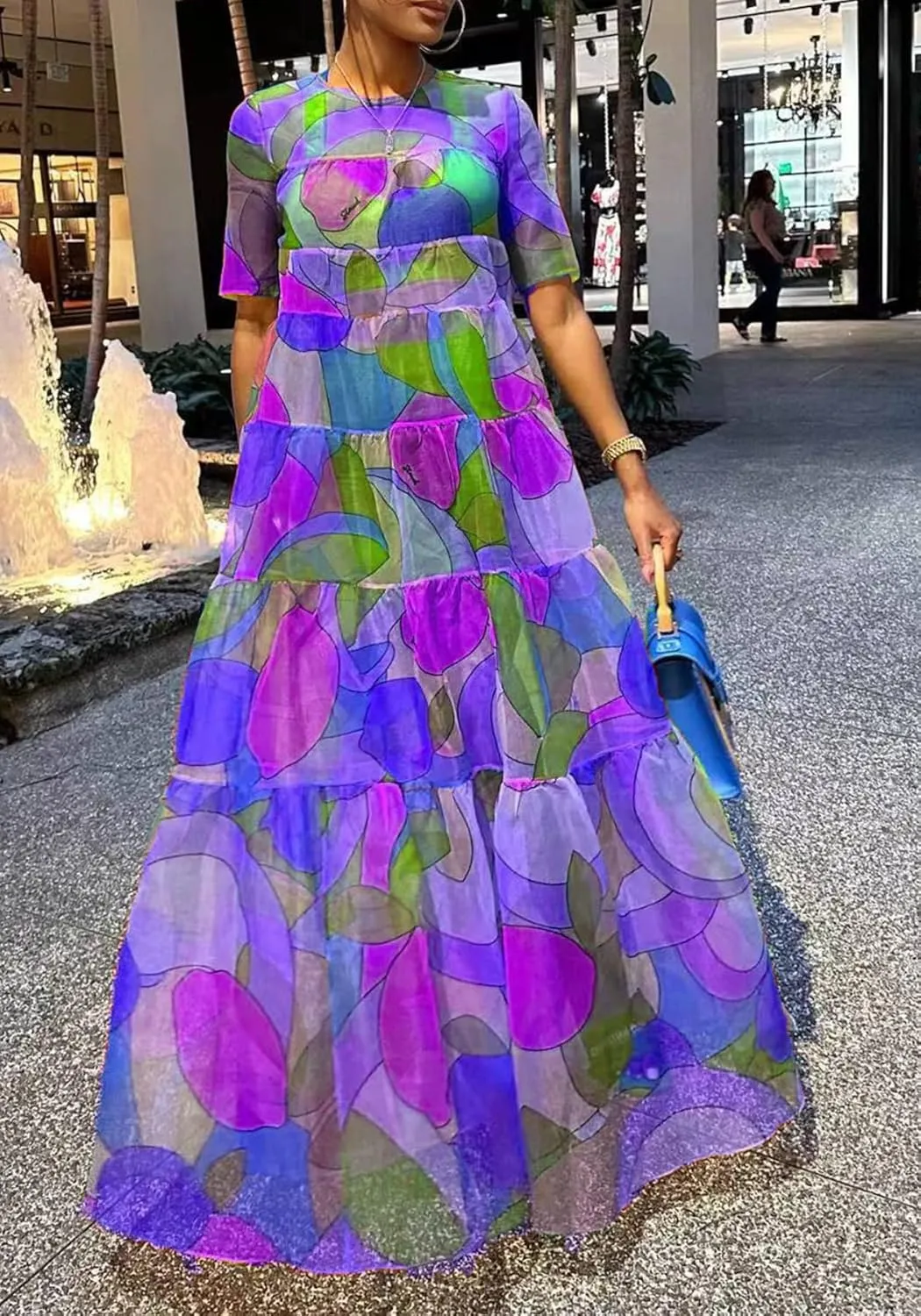 Womens Floral Sheer Mesh Flowy Maxi Dress Summer Casual Crew Neck Short Sleeve Dresses
