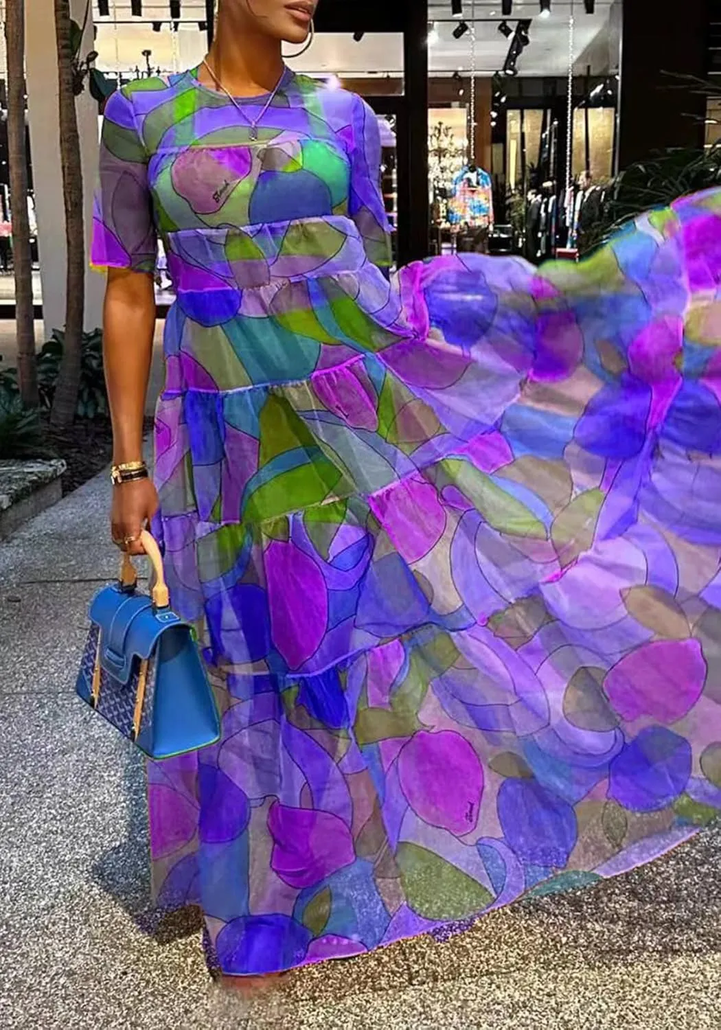 Womens Floral Sheer Mesh Flowy Maxi Dress Summer Casual Crew Neck Short Sleeve Dresses