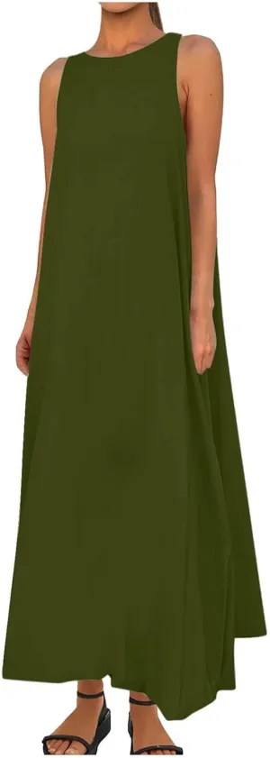 Women's Flowy Summer Dresses 2025 Crew Neck Sleeveless Casual Loose Sundress Basic Beach Tank Maxi Dress with Pockets