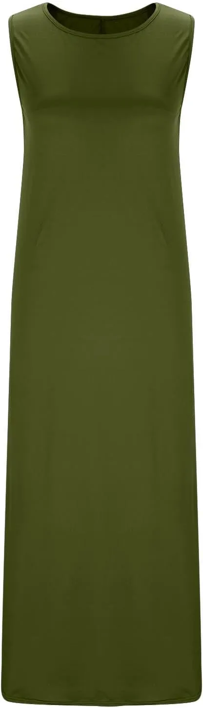 Women's Flowy Summer Dresses 2025 Crew Neck Sleeveless Casual Loose Sundress Basic Beach Tank Maxi Dress with Pockets
