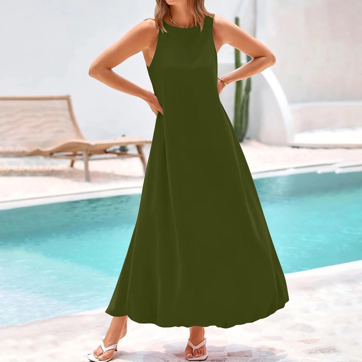 Women's Flowy Summer Dresses 2025 Crew Neck Sleeveless Casual Loose Sundress Basic Beach Tank Maxi Dress with Pockets