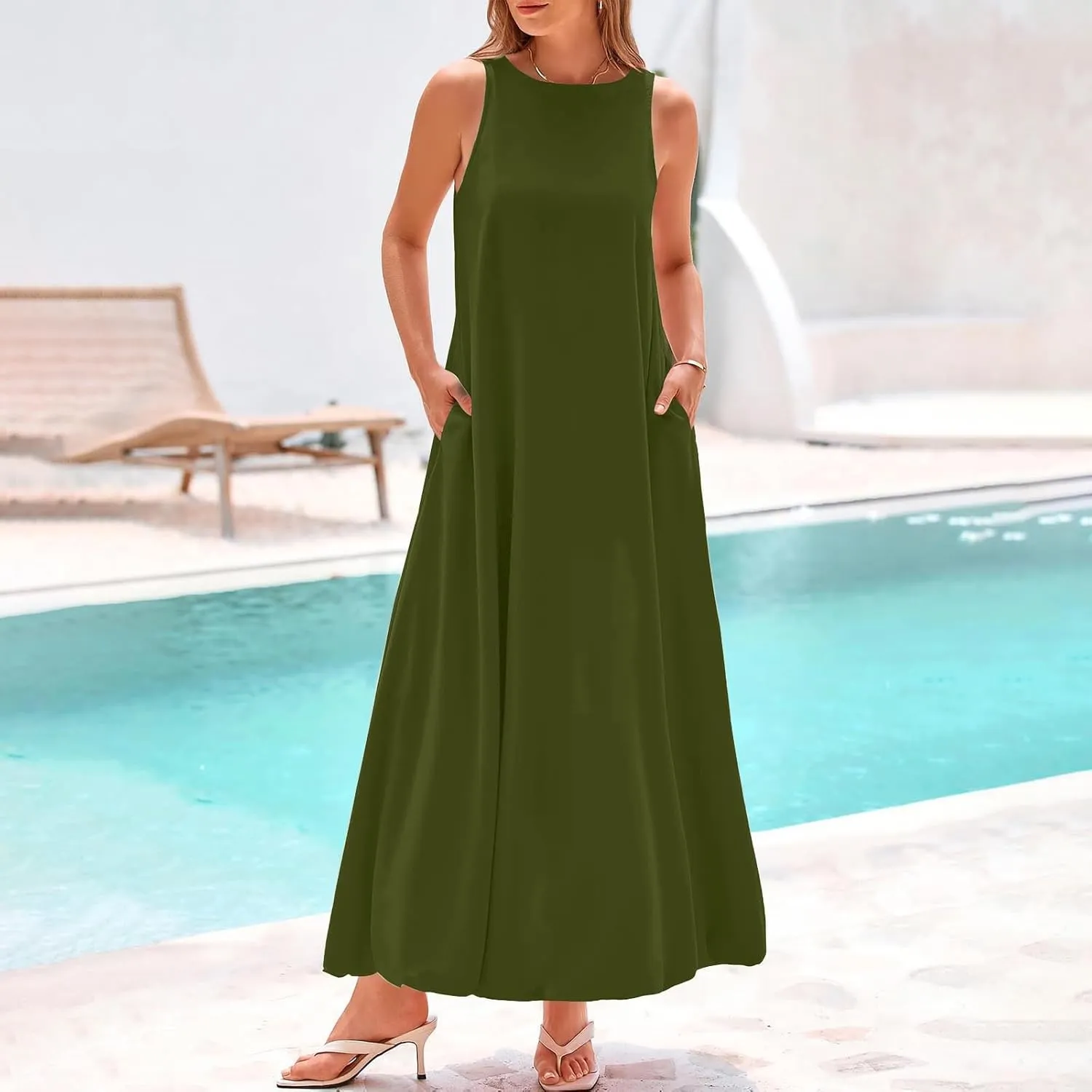 Women's Flowy Summer Dresses 2025 Crew Neck Sleeveless Casual Loose Sundress Basic Beach Tank Maxi Dress with Pockets