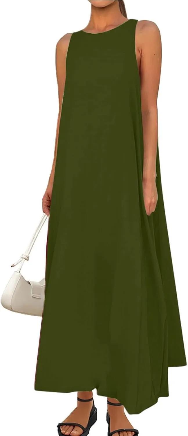 Women's Flowy Summer Dresses 2025 Crew Neck Sleeveless Casual Loose Sundress Basic Beach Tank Maxi Dress with Pockets