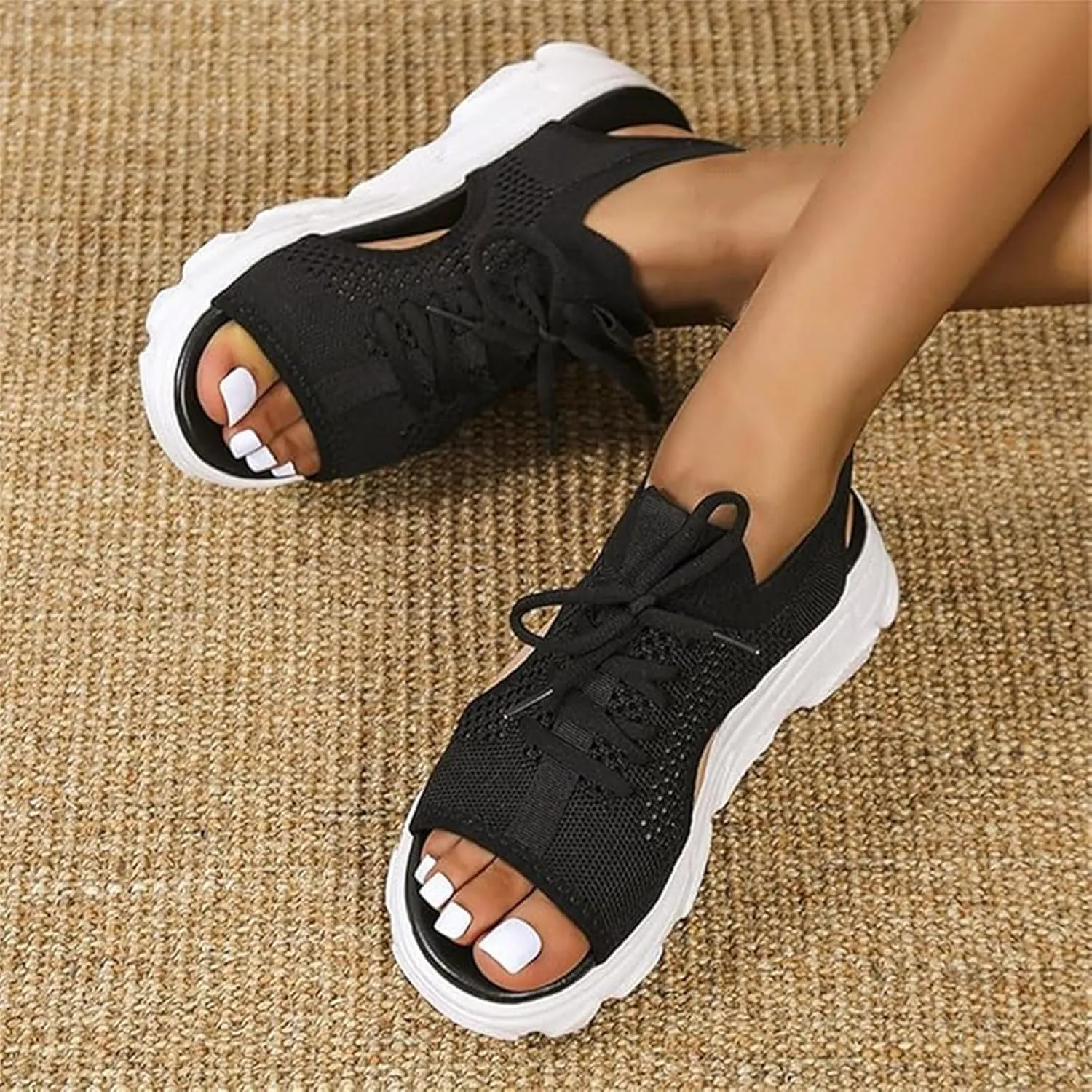 Womens Hollow Out Breathable Platform Wedge Sandals Mesh Casual Thick Soled Lace Up Sandals Open Toe Beach Shoes Ankle Strap Comfortable Walking Shoes