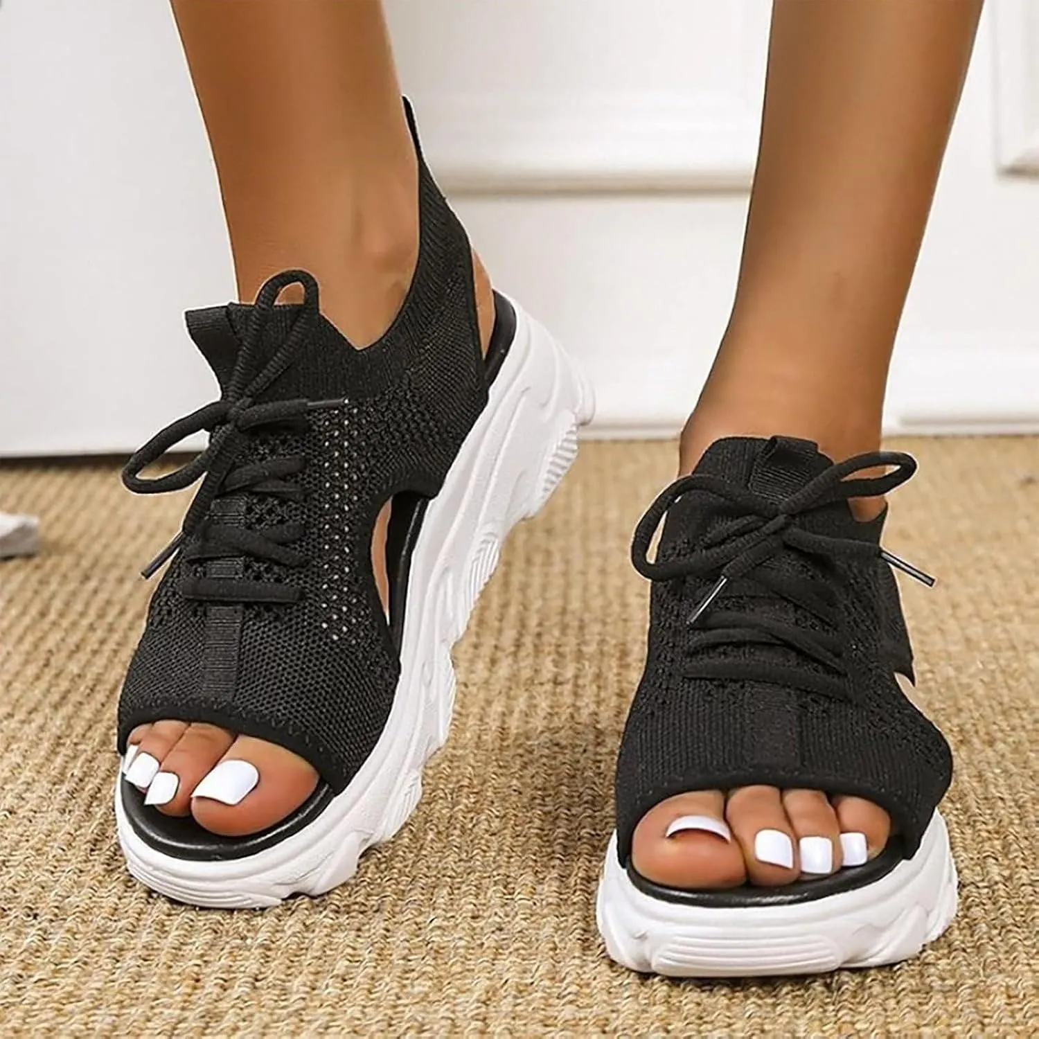 Womens Hollow Out Breathable Platform Wedge Sandals Mesh Casual Thick Soled Lace Up Sandals Open Toe Beach Shoes Ankle Strap Comfortable Walking Shoes