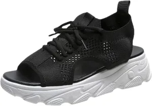 Womens Hollow Out Breathable Platform Wedge Sandals Mesh Casual Thick Soled Lace Up Sandals Open Toe Beach Shoes Ankle Strap Comfortable Walking Shoes