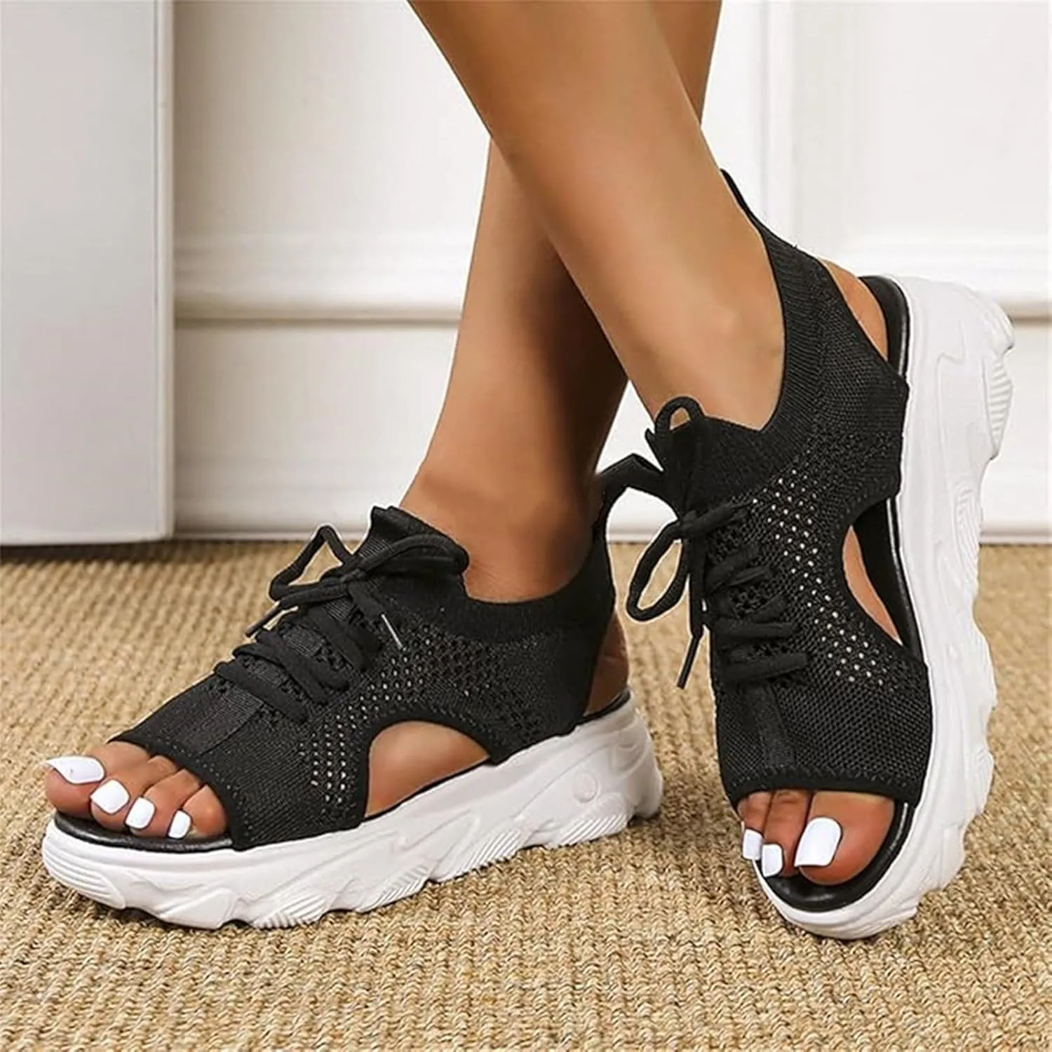 Womens Hollow Out Breathable Platform Wedge Sandals Mesh Casual Thick Soled Lace Up Sandals Open Toe Beach Shoes Ankle Strap Comfortable Walking Shoes