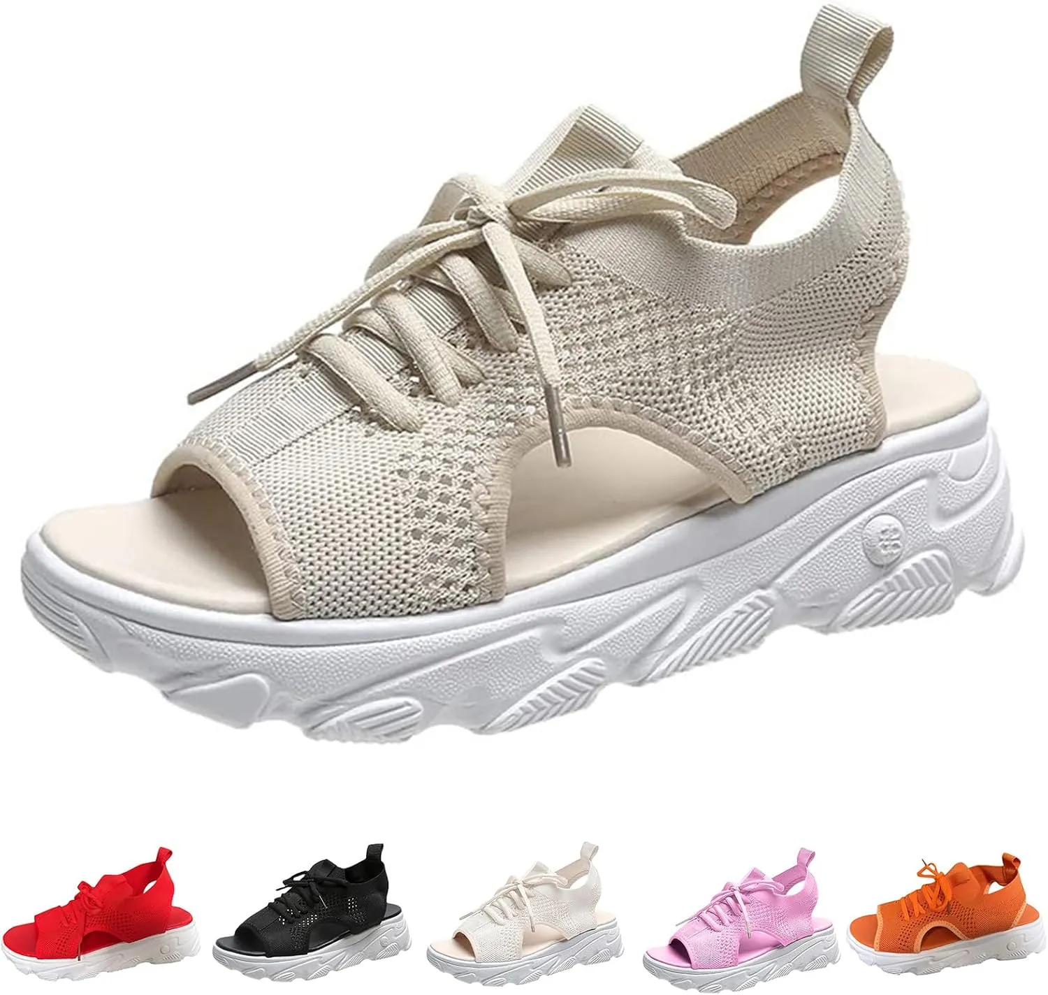 Womens Hollow Out Breathable Platform Wedge Sandals Mesh Casual Thick Soled Lace Up Sandals Open Toe Beach Shoes Ankle Strap Comfortable Walking Shoes