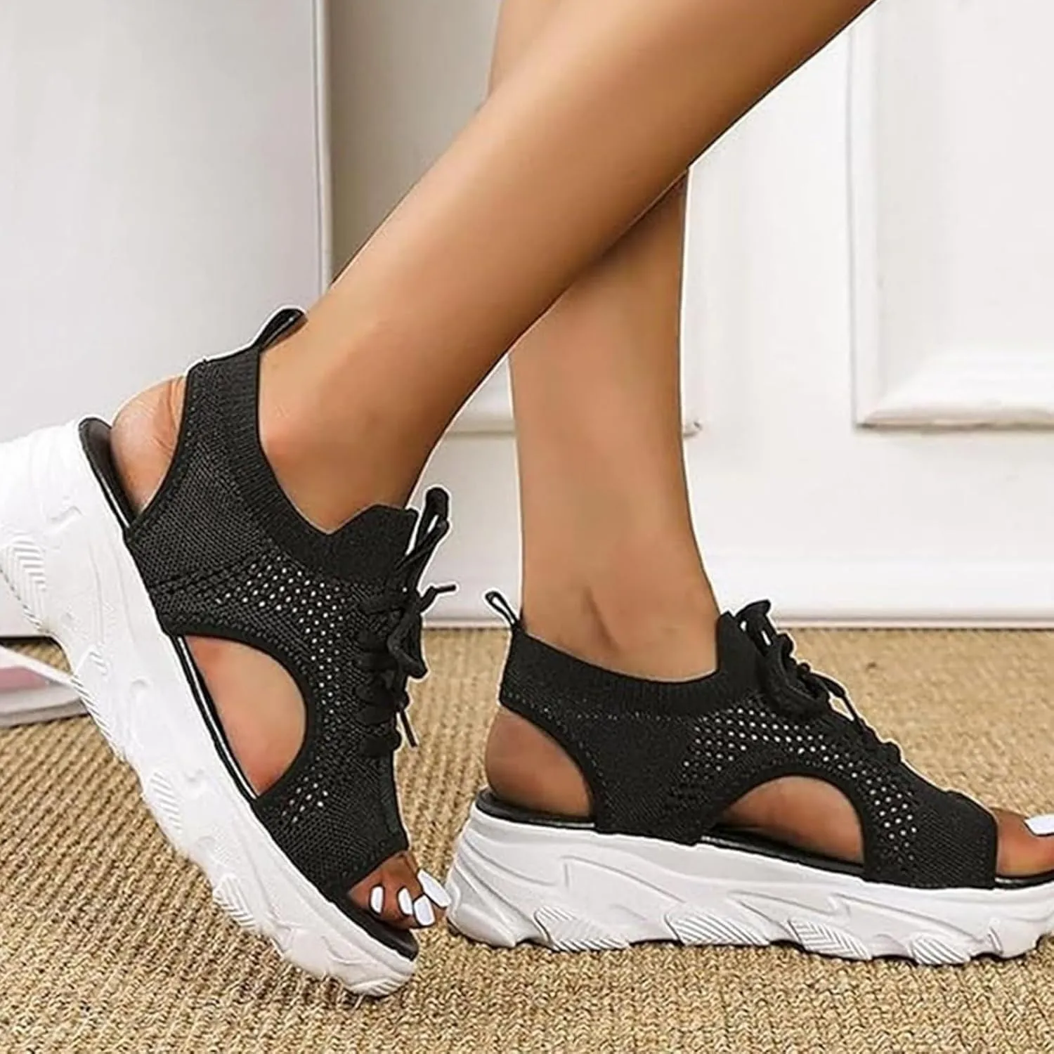 Womens Hollow Out Breathable Platform Wedge Sandals Mesh Casual Thick Soled Lace Up Sandals Open Toe Beach Shoes Ankle Strap Comfortable Walking Shoes