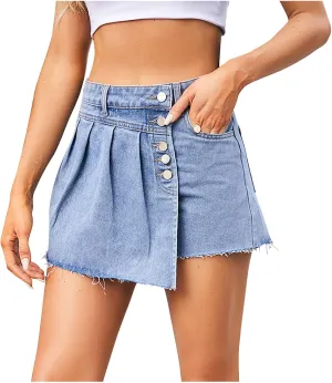 Womens Jean Shorts - Stretch High Waisted Trendy Denim Shorts Casual Summer Clothes Pleated Skirt Button Denim Shorts