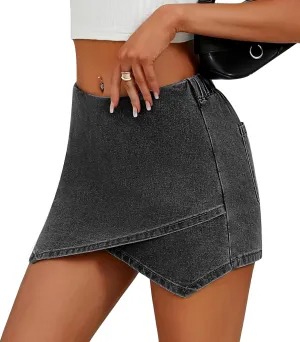 Women's Jean Skorts High Waist Wrap Asymmetrical Hem Mini Shorts Stretchy Trendy Casual Denim Shorts