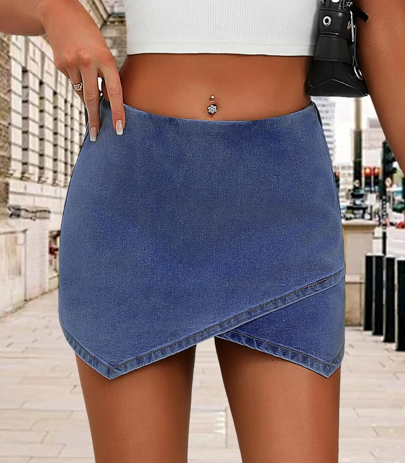 Women's Jean Skorts High Waist Wrap Asymmetrical Hem Mini Shorts Stretchy Trendy Casual Denim Shorts
