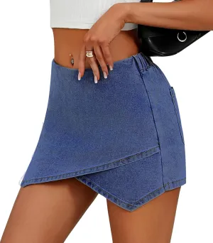 Women's Jean Skorts High Waist Wrap Asymmetrical Hem Mini Shorts Stretchy Trendy Casual Denim Shorts