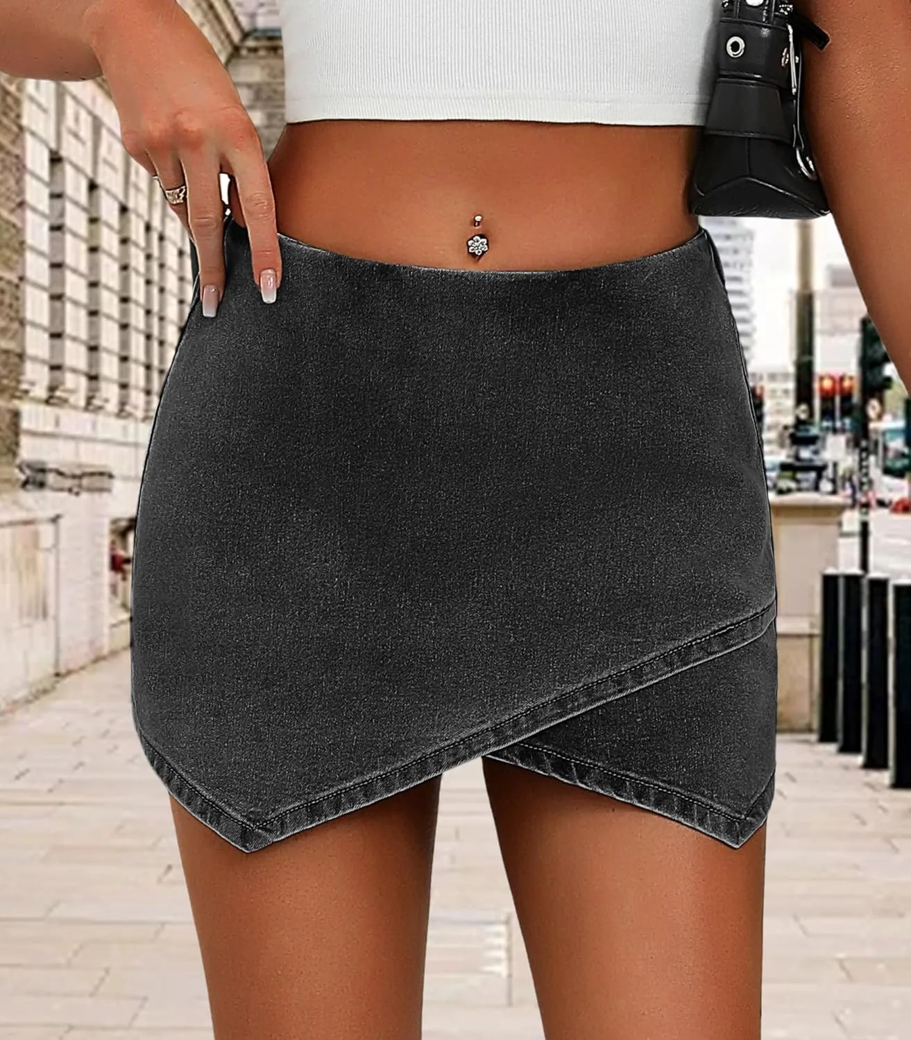 Women's Jean Skorts High Waist Wrap Asymmetrical Hem Mini Shorts Stretchy Trendy Casual Denim Shorts