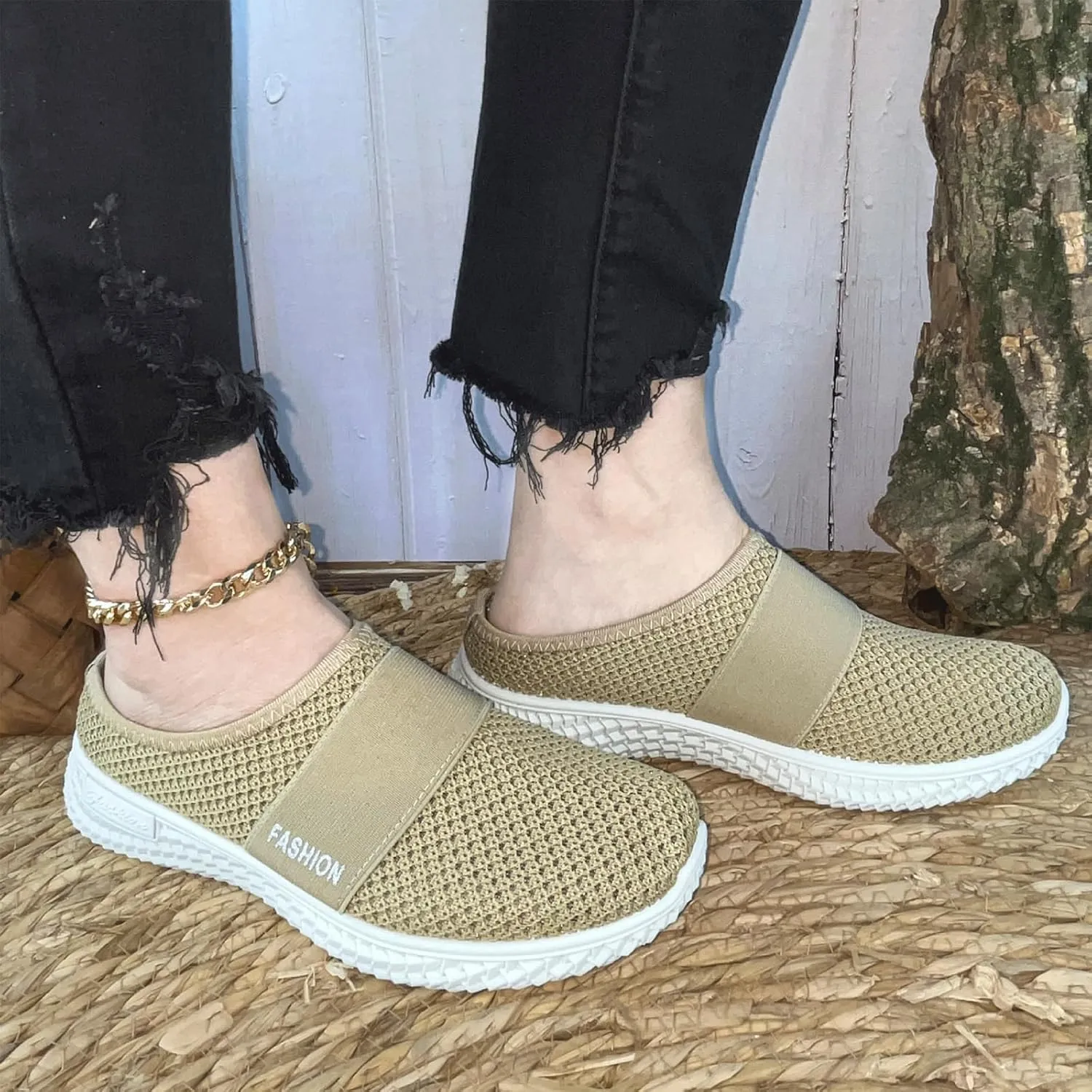 Women's Knitted Mesh Flat Mules Breathable Non-Slip Soft Soles Comfort Slip-on Slippers Open Back Shoes Closed Toe Wide Width Clogs Air Cushion Orthopedic Diabetic with Arch-Support Sandals