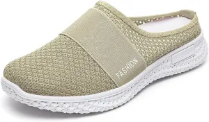 Women's Knitted Mesh Flat Mules Breathable Non-Slip Soft Soles Comfort Slip-on Slippers Open Back Shoes Closed Toe Wide Width Clogs Air Cushion Orthopedic Diabetic with Arch-Support Sandals