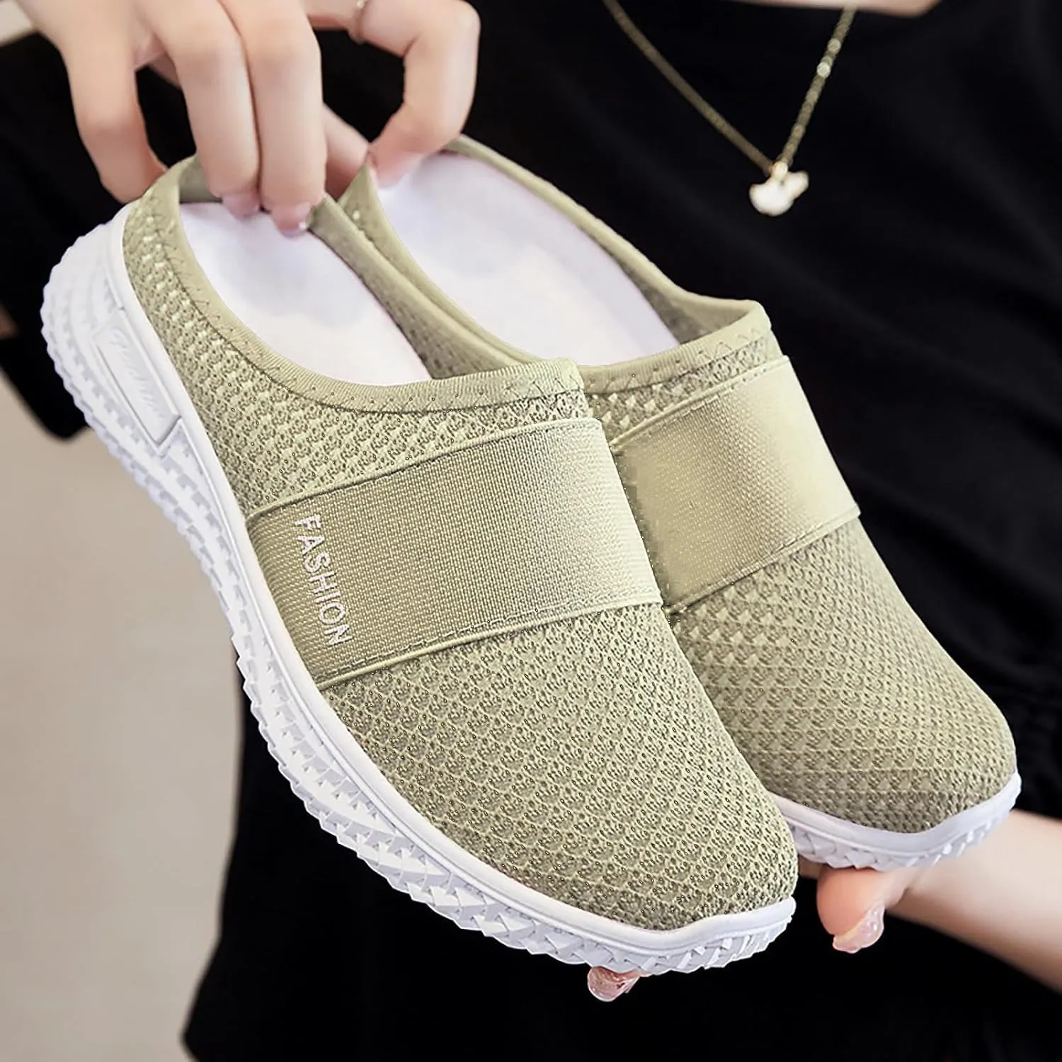 Women's Knitted Mesh Flat Mules Breathable Non-Slip Soft Soles Comfort Slip-on Slippers Open Back Shoes Closed Toe Wide Width Clogs Air Cushion Orthopedic Diabetic with Arch-Support Sandals
