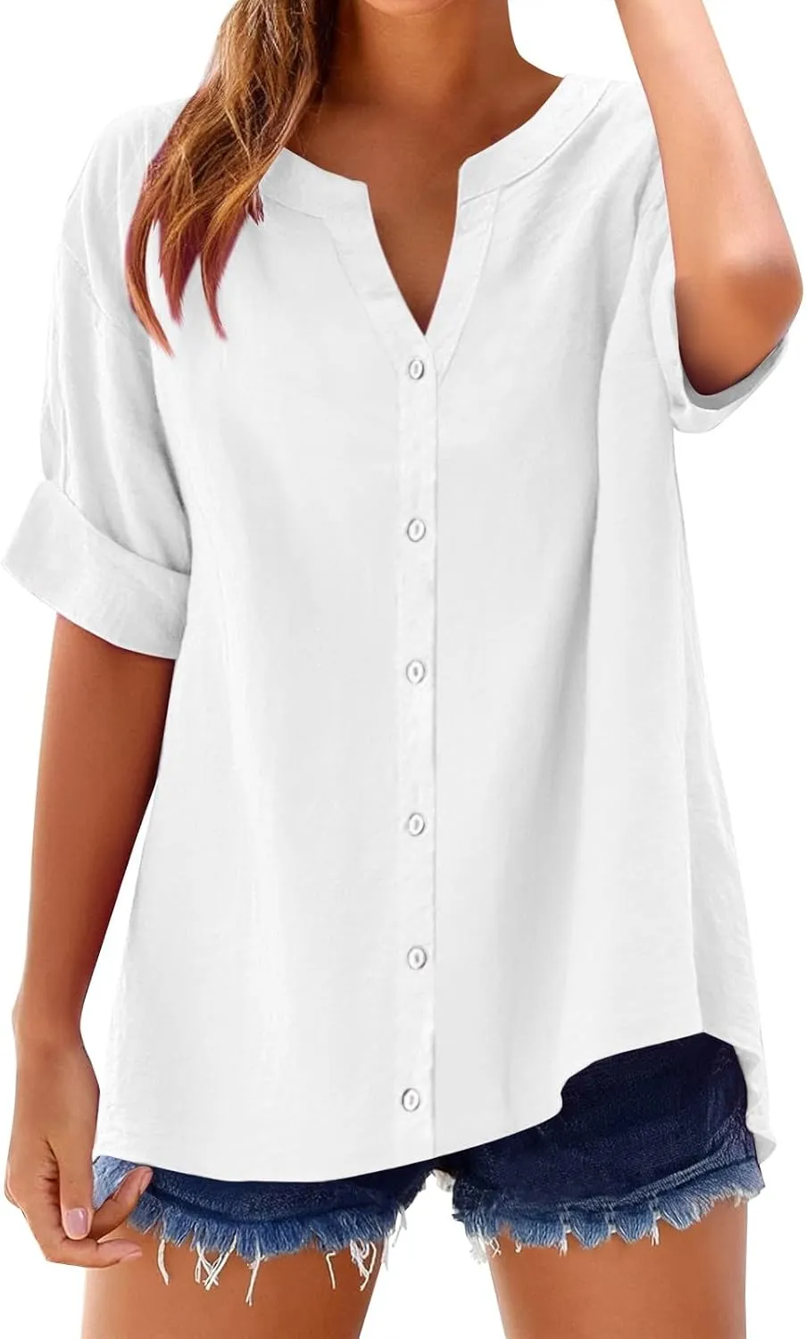 Womens Linen Button Down Shirts Summer 2025 Roll up Sleeve Oversized Boyfriend Solid Tops Casual Dressy Blouses
